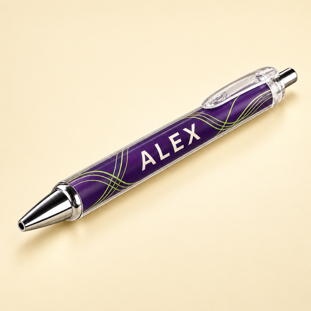 ScribbleRush 1-pen design mockup on a warm buttercream background. Design examples; final details may vary.