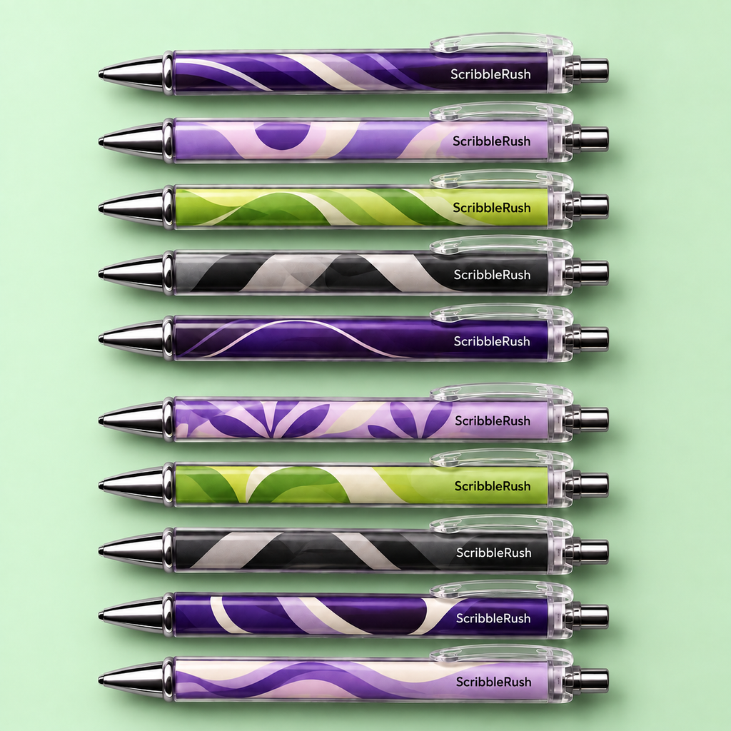 ScribbleRush 10-pen design mockup on a pale mint green background. Design examples; final details may vary.