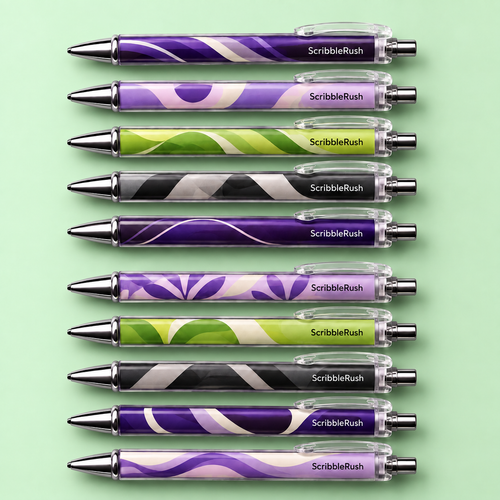 ScribbleRush 10-pen design mockup on a pale mint green background. Design examples; final details may vary.