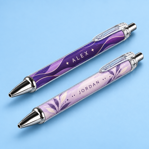 ScribbleRush 2-pen design mockup on a clean powder sky blue background. Design examples; final details may vary.