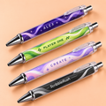 ScribbleRush 4-pen design mockup on a soft apricot peach background. Design examples; final details may vary.