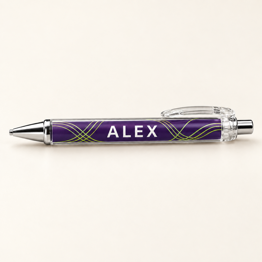 Shared ScribbleRush ALEX personalization close-up on warm ivory. Design mockup; example for all pack sizes.