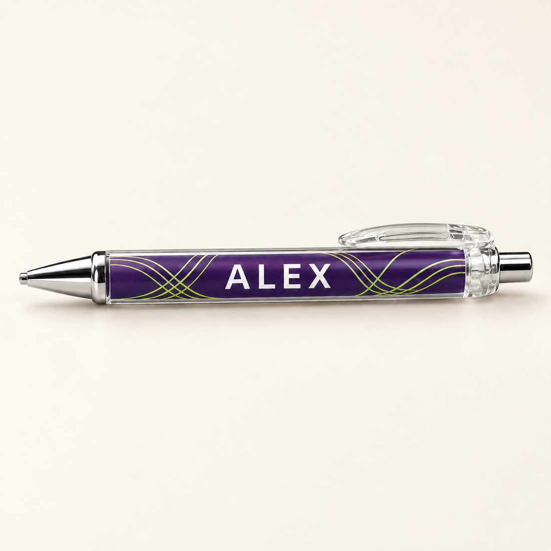 Shared ScribbleRush ALEX personalization close-up on warm ivory. Design mockup; example for all pack sizes.