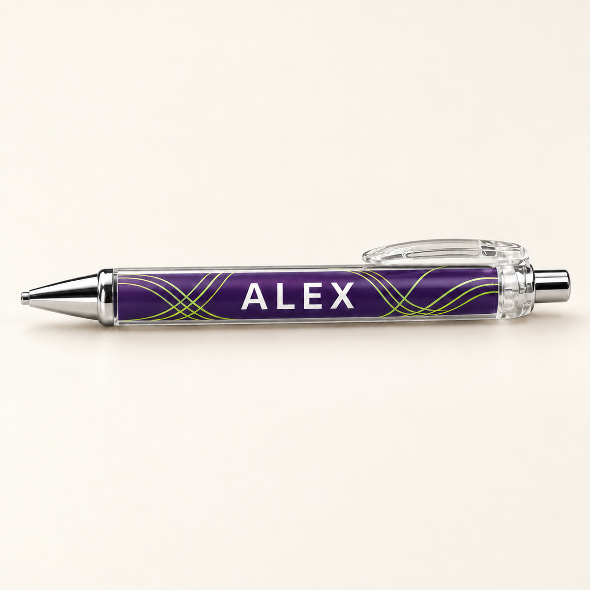 Shared ScribbleRush ALEX personalization close-up on warm ivory. Design mockup; example for all pack sizes.