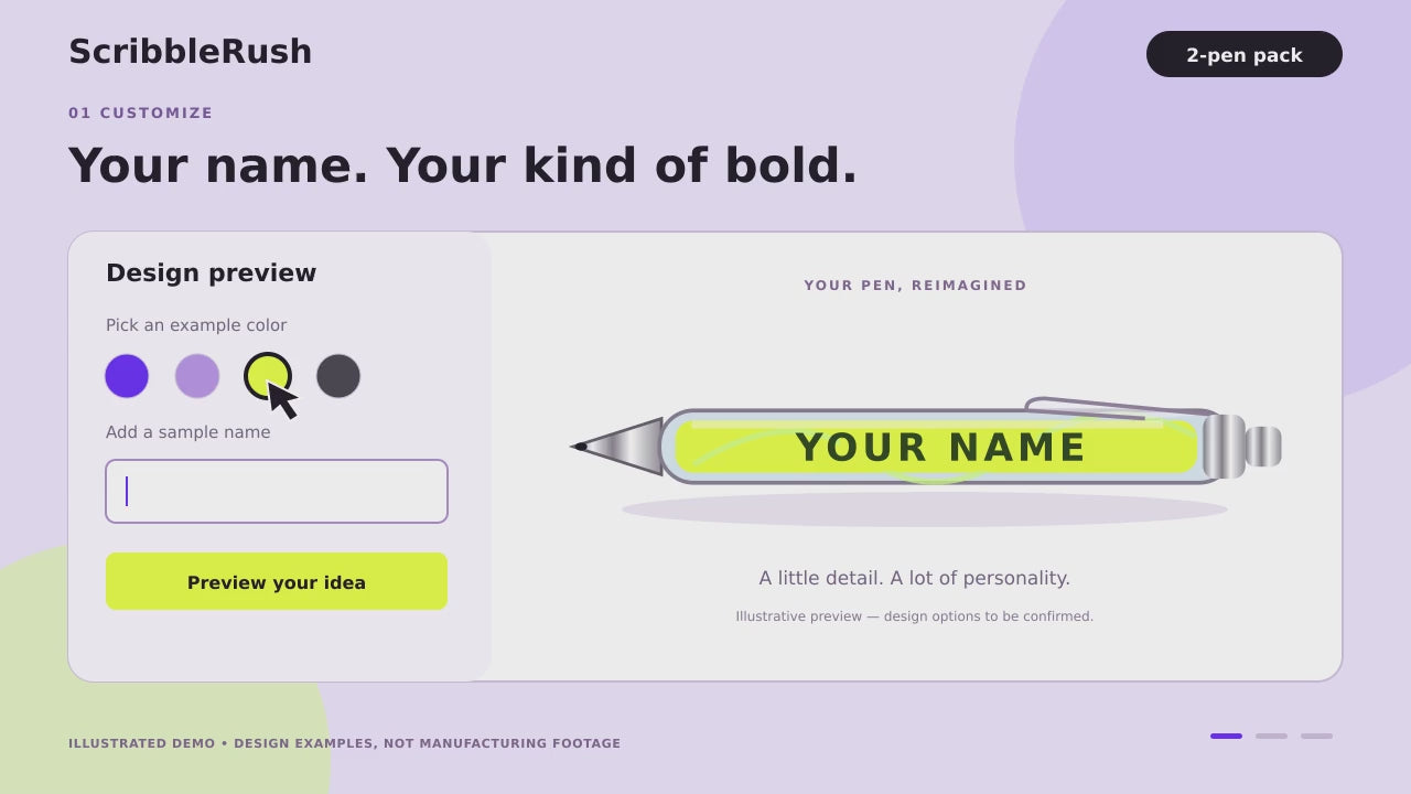 ScribbleRush 2-pen illustrated customization and writing demo, with a sky blue product-photo background. Design examples; final details may vary.
