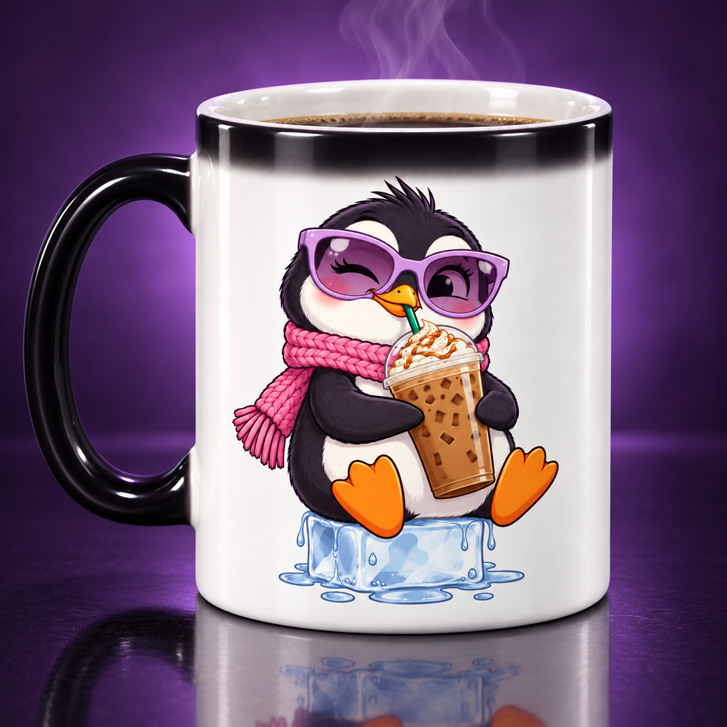 Chill Penguin color-changing mug in its hot revealed state