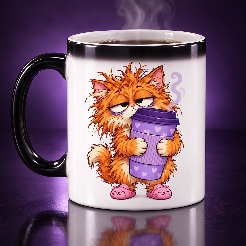 Coffee Cat on a color-changing mug, shown hot