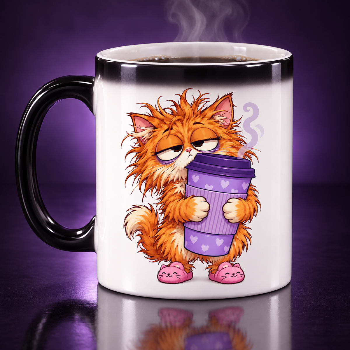 Coffee Cat illustrated heat-reveal mug, shown hot.