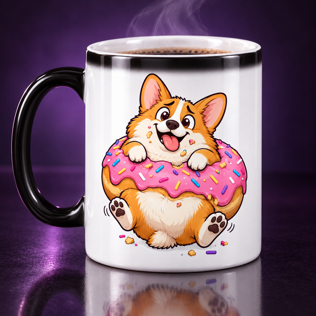 Donut Corgi color-changing mug in its hot revealed state