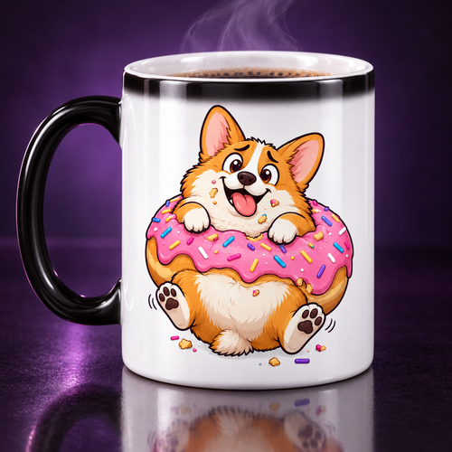 Donut Corgi color-changing mug in its hot revealed state