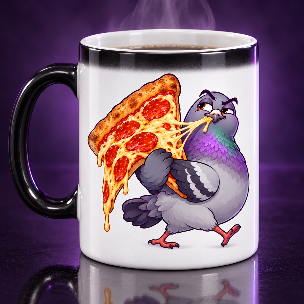 Pizza Pigeon color-changing mug in its hot revealed state