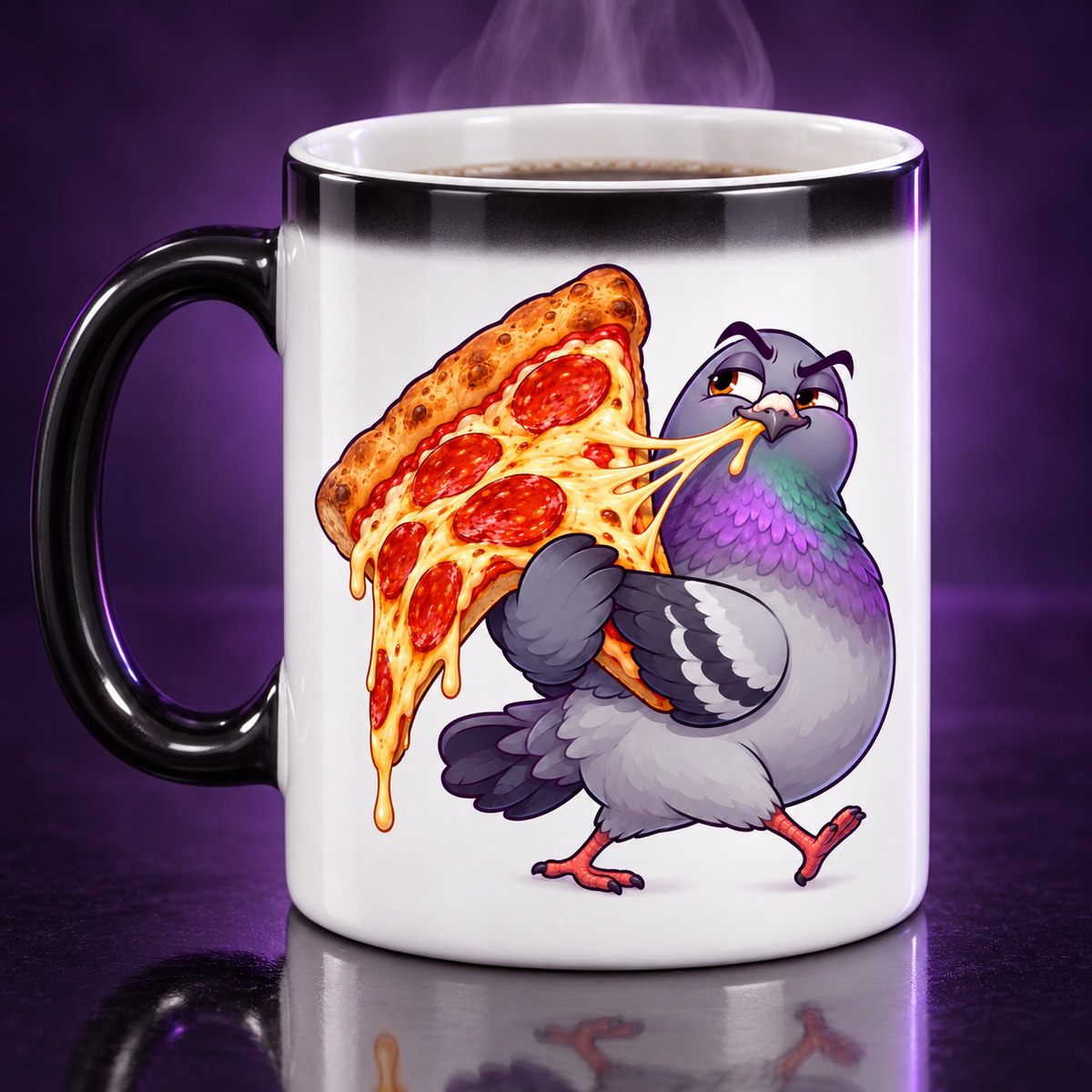 Pizza Pigeon color-changing mug in its hot revealed state