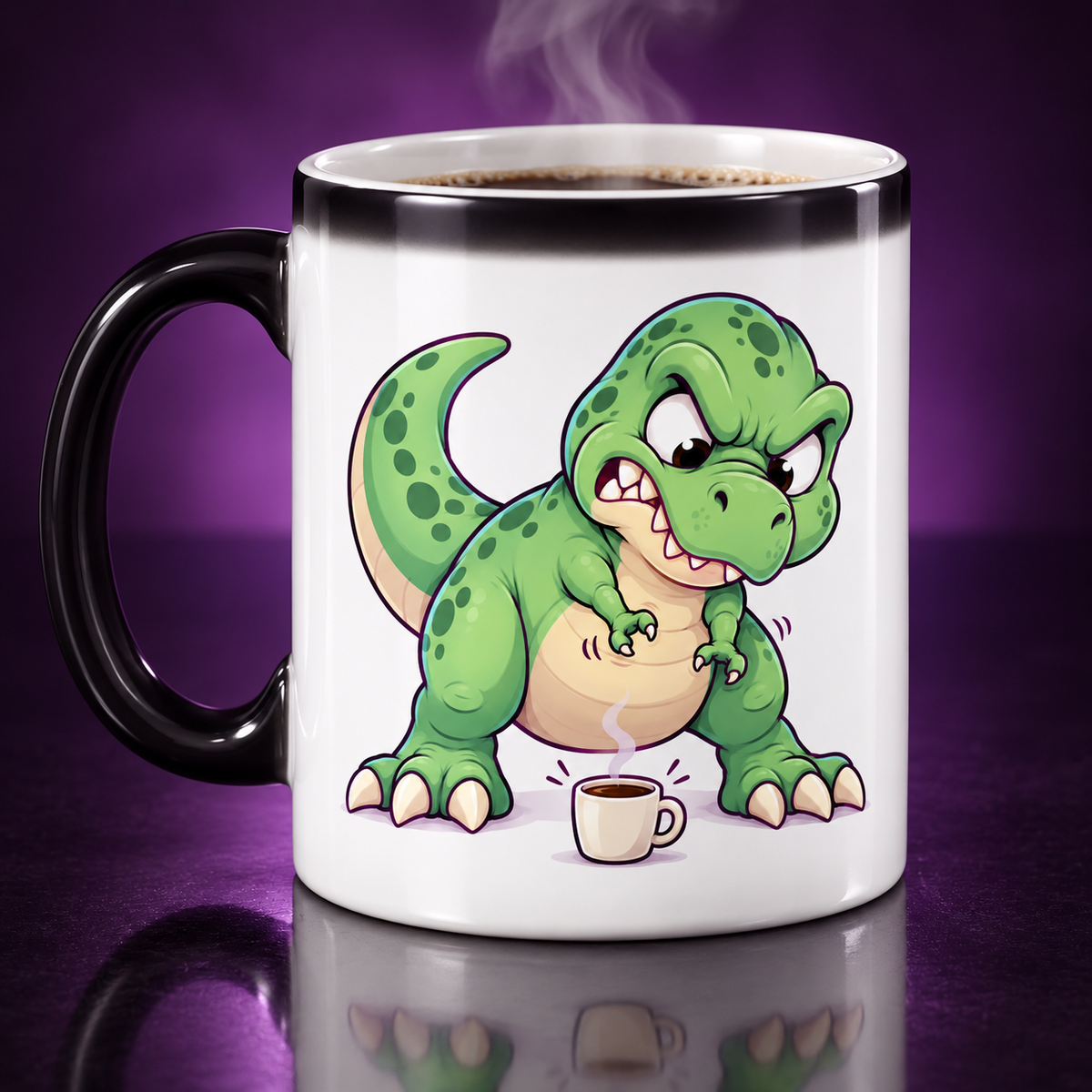 Tiny-Arm T-Rex color-changing mug in its hot revealed state